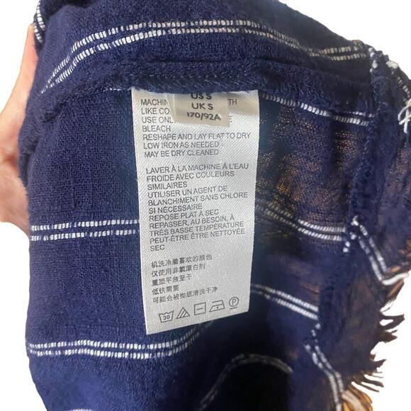 Free People Evey Peasant Top Tie Neck Navy White Striped Balloon Sleeves Small - Picture 7 of 9